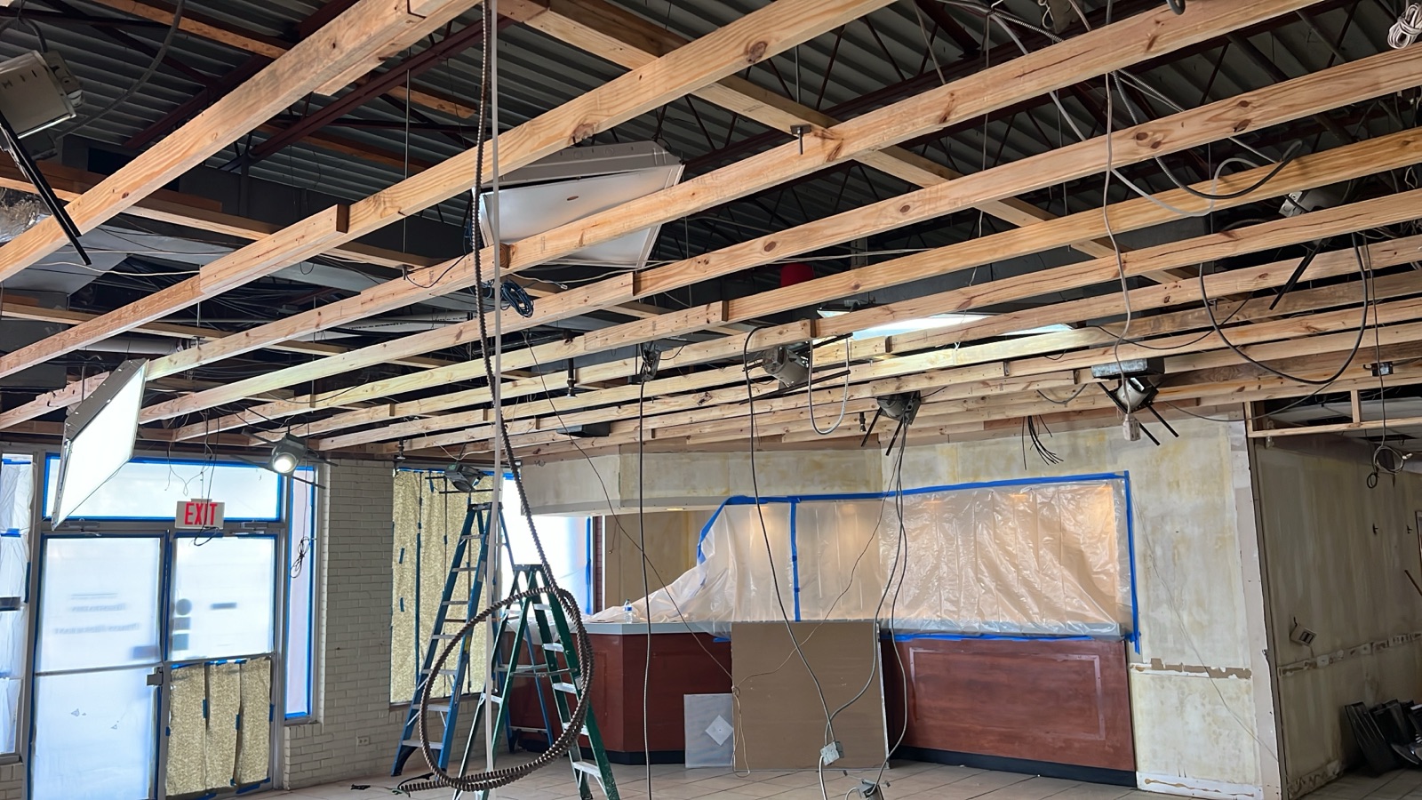 Commercial interior strip-out with exposed ceiling joists